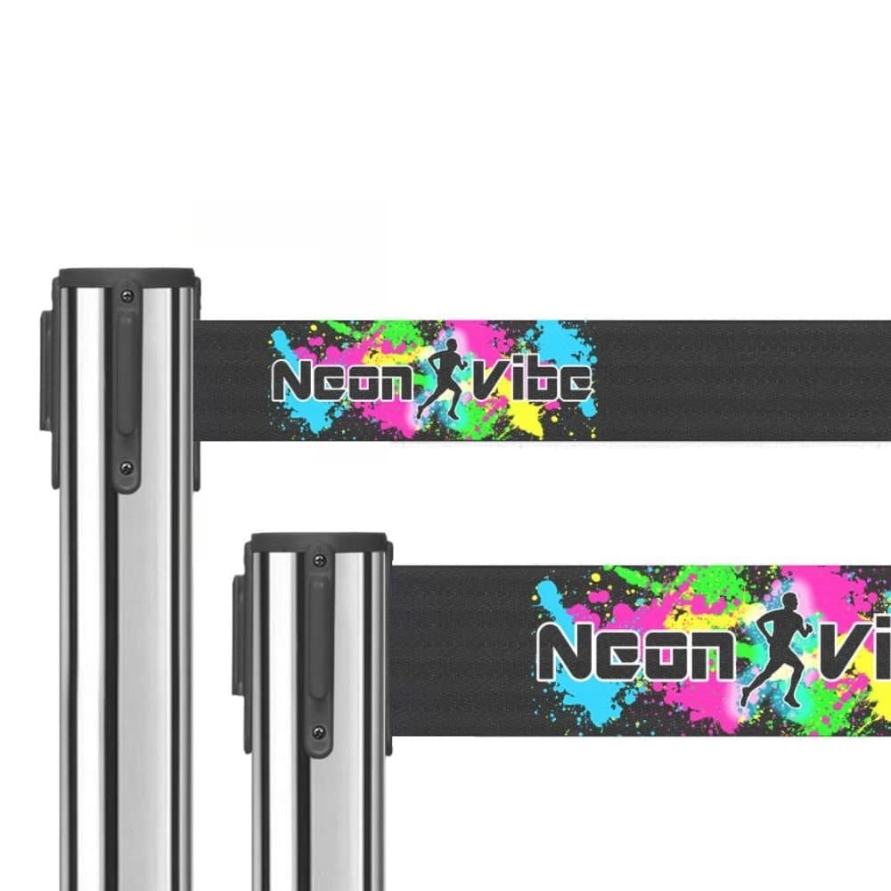 Custom Printed Retractable Belt Barriers - Polished Steel - bhma