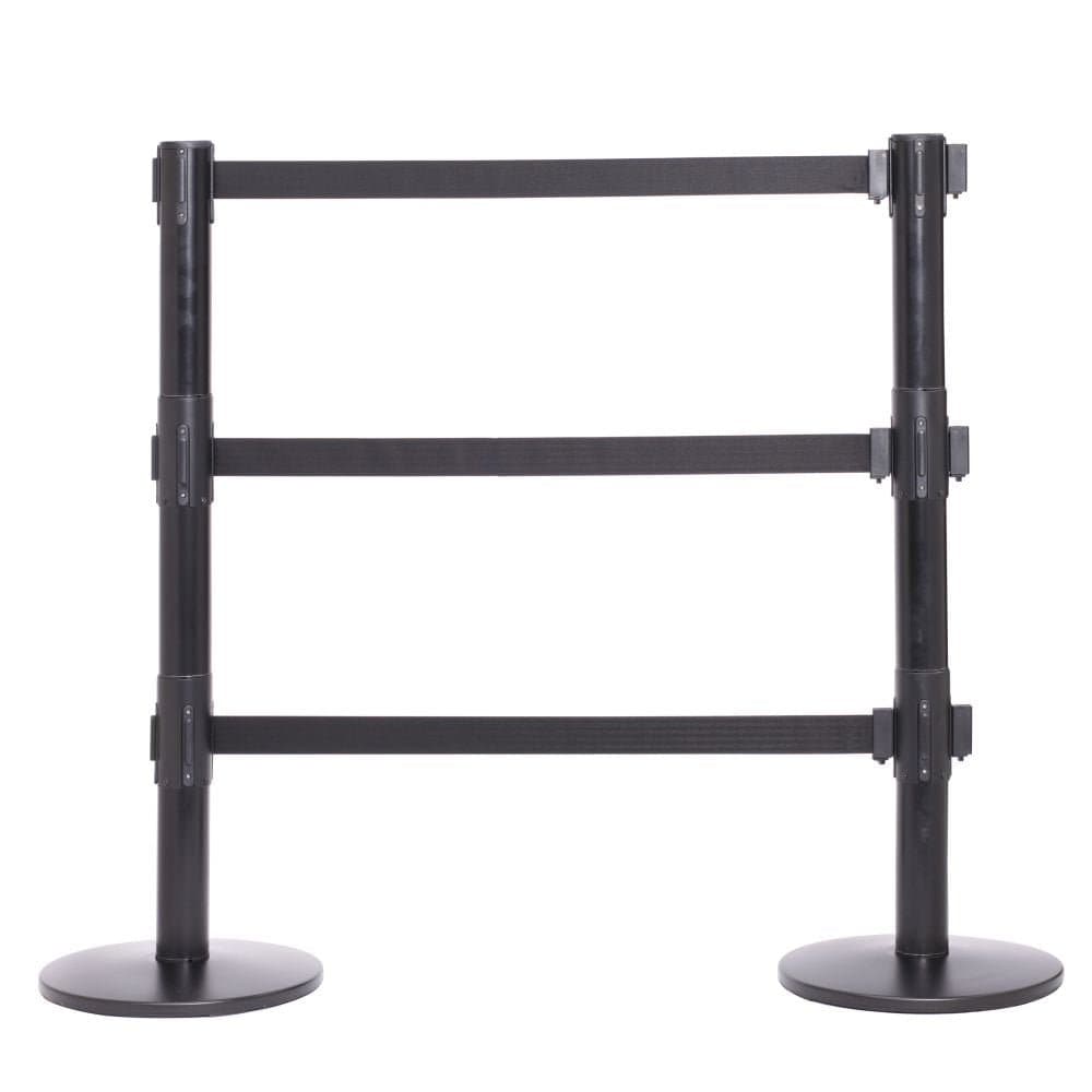 Triple Retractable Belt Barriers Black Post Barriers, Ropes