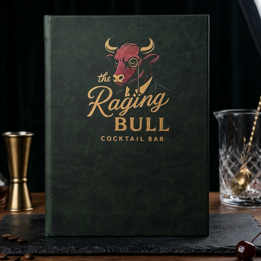 A dark green hardcover book or menu standing upright on a wooden table, featuring a red bull illustration and the text 'the Raging Bull COCKTAIL BAR' in gold. Bar-themed props including a jigger, glass, and cherry are visible around it against a dark backdrop.