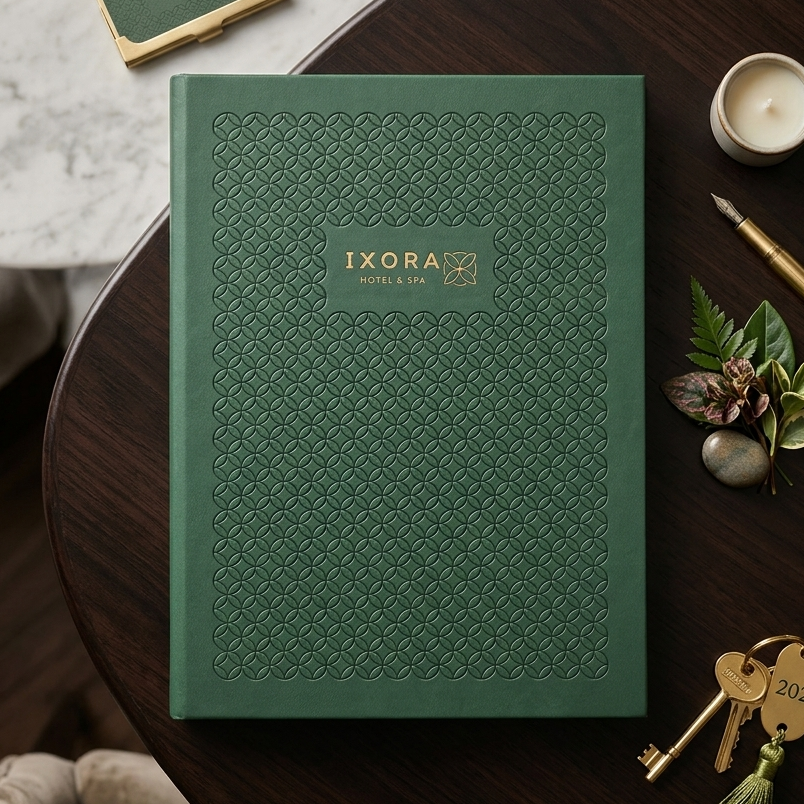 A dark green embossed leather journal with gold foil branding 'IXORA London 2025' lies on a dark wooden table, styled with a candle, pen, decorative leaves, keys, and a small IXORA box nearby.