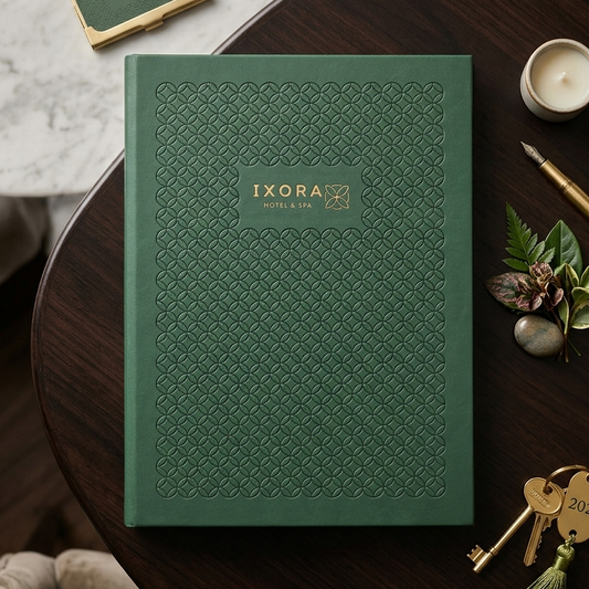 A dark green embossed leather journal with gold foil branding 'IXORA London 2025' lies on a dark wooden table, styled with a candle, pen, decorative leaves, keys, and a small IXORA box nearby.
