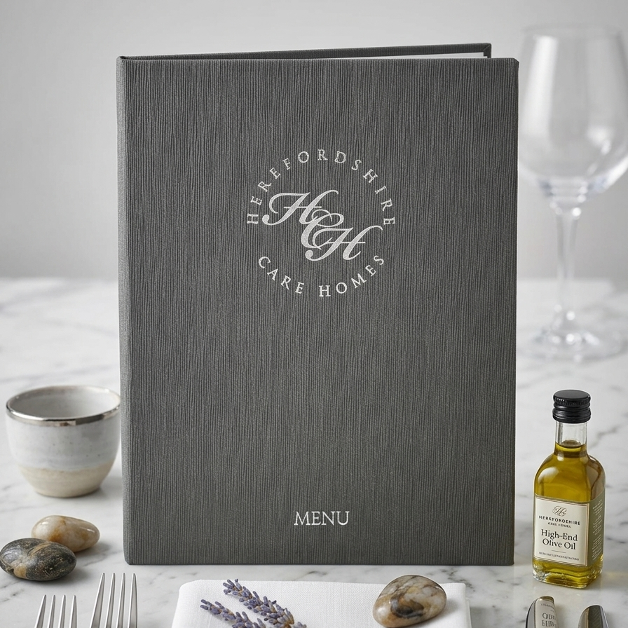 A dark gray hardcover menu book for Herefordshire High Care Homes, styled on a white marble table with silver cutlery, a small bottle of olive oil, a wine glass, and lavender sprigs.