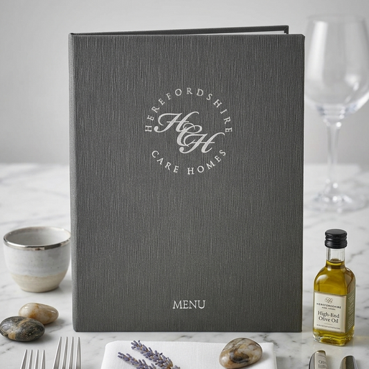A dark gray hardcover menu book for Herefordshire High Care Homes, styled on a white marble table with silver cutlery, a small bottle of olive oil, a wine glass, and lavender sprigs.
